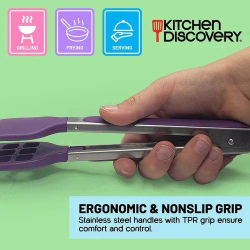 Miniatura 5 de Kitchen Discovery Pinzas de metal con dientes para asar a la parrilla, cocinar y servir antideslizantes, pinzas para hielo y pasta, agarran