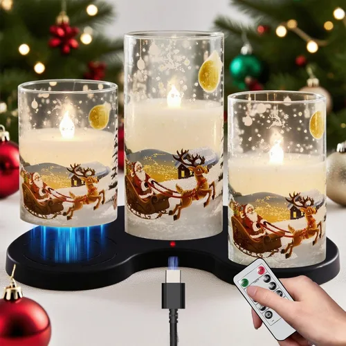Miniatura 10 de Velas de muñeco de nieve de vidrio sin llama con pilas, control remoto y temporizador, cera real, LED, parpadeantes, pilar de velas blancas, luz