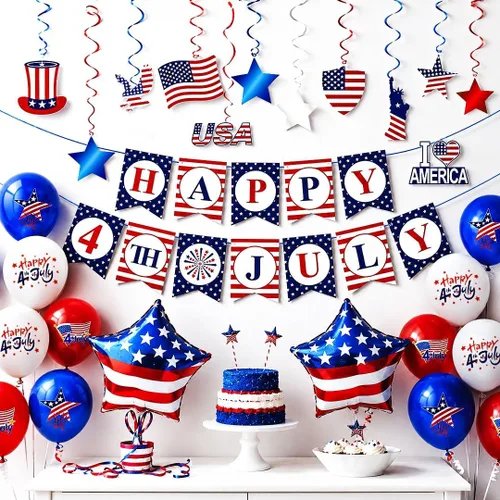 KatchOn, Juego de pancartas con texto en inglés «Happy 4th of July», enormes, paquete de 37, globos del 4 de julio para decoraciones del 4 de julio,