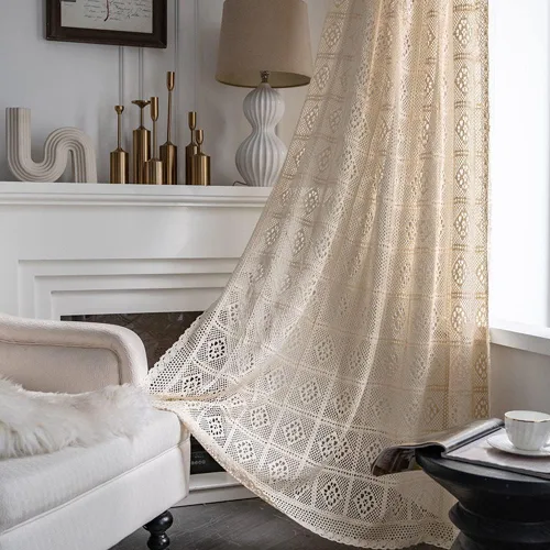 Miniatura 2 de Cortinas rústicas de ganchillo para sala de estar, paneles de cortina de encaje de punto hueco para dormitorio, bolsillo para barra, cortinas