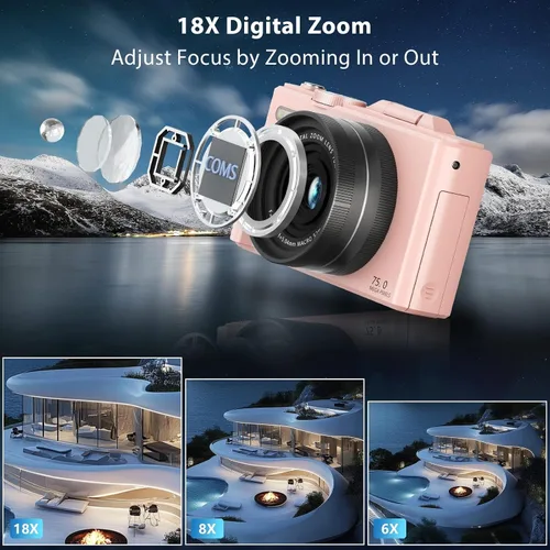 Miniatura 6 de Cámara digital 4K/5K para fotografía y video – Cámara de videoblogs UHD con WiFi, enfoque automático, pantalla giratoria de 3", zoom 18X – Kit Rosa