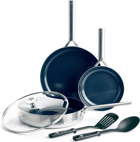 Blue Diamond Cookware - Juego de 6 ollas y sartenes de cerámica de acero inoxidable de tres capas, antiadherentes, sin PFAS, revestimiento múltiple,