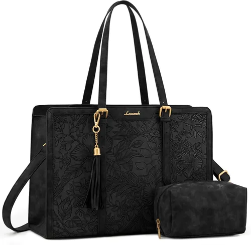 Miniatura 10 de LOVEVOOK Bolsa de mano para laptop para mujer, bolsa de trabajo vintage de 15.6 pulgadas con embrague, bolso grande de cuero para laptop con soporte