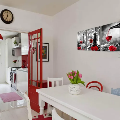 Miniatura 2 de Decoración de vino para cocina, arte en lienzo con rosas de vino tinto, arte para paredes del hogar, blanco y negro, con pintura de vino tinto, arte