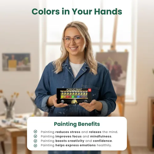 Miniatura 5 de Juego de pintura acrílica. Pinturas artísticas de calidad para pintar lona, madera, arcilla, tela, uñas, cerámica y artesanías. 12 colores vibrantes