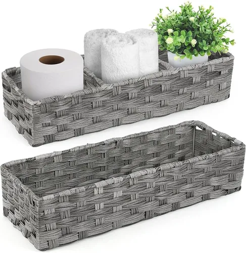Miniatura 8 de LotFancy Cesta de almacenamiento de papel higiénico, paquete de 2 cestas tejidas para tanque de inodoro, cesta de almacenamiento trasera