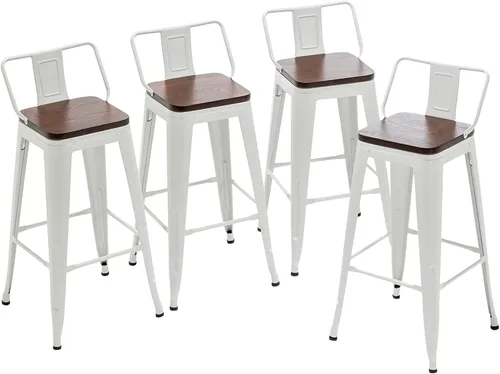 Miniatura 14 de Taburetes de bar de metal con respaldo, juego de 4 taburetes de altura de encimera de cocina con asiento de madera de 24 pulgadas, negro mate