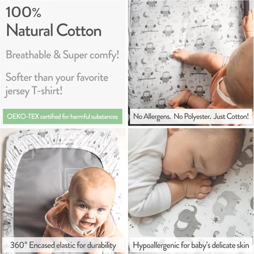 Miniatura 3 de Sábanas de cuna ajustables de 18 x 36 pulgadas – 100% algodón jersey – Elefantes grises, búhos, estrellas, nubes, lunas para bebé niño y niña – 2