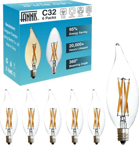 Miniatura 13 de Paquete de 6 bombillas LED de punta de llama C32 de reemplazo, 2 W equivale a 20 W, foco Edison de filamento cálido 2200 K, bombilla de candelabro