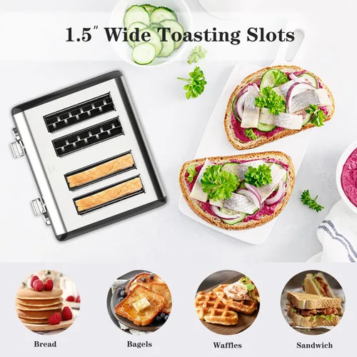 Miniatura 4 de Tostadora de 4 rebanadas, tostador de panecillos de acero inoxidable KitchMix con temporizador LCD, ranuras extra anchas, pantalla dual, bandeja