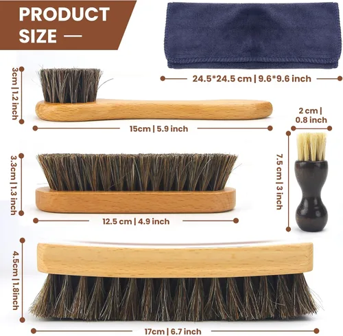 Miniatura 4 de IKI Deluxe 5-Piece Shoe Polishing Horsehair Brush Set, Leather Shoe and Boot Care Brush, Suede Leather Cleaning Brush with Microfiber Cloth
