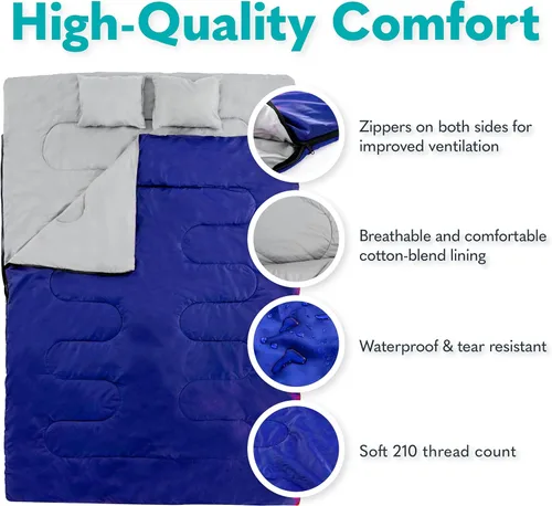 Miniatura 3 de Sleepingo Sacos de dormir dobles para adultos, mochileros, campamento o senderismo, sacos de dormir impermeables Queen para adultos o adolescentes