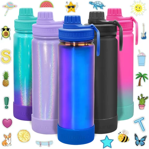 Miniatura 29 de CHILLOUT LIFE Botella de agua aislada para niños de 12 onzas para la escuela con tapa de boquilla a prueba de fugas y bonitas calcomanías Azul