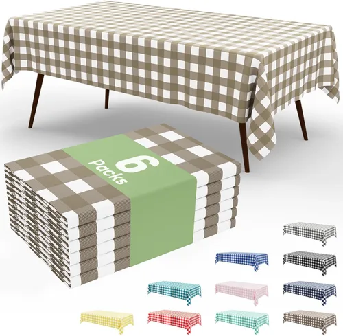 Miniatura 46 de Smiry Paquete de 3 Manteles Desechables de Cuadros Gingham Color Caqui - 54" x 72" Mantel de Plástico de Servicio Pesado, Cubiertas de Mesa