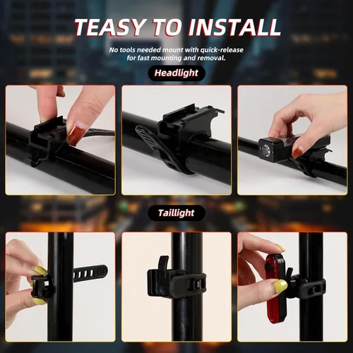 Miniatura 4 de Paquete de 2 luces de bicicleta delanteras y traseras, luces de bicicleta recargables USB-C delanteras y traseras para conducción nocturna, juego