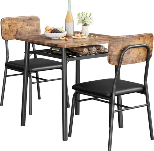Miniatura 9 de IDEALHOUSE Juego de mesa de comedor de 3 piezas para 2 con estante de almacenamiento, mesa de cocina de madera con juego de 2 sillas tapizadas
