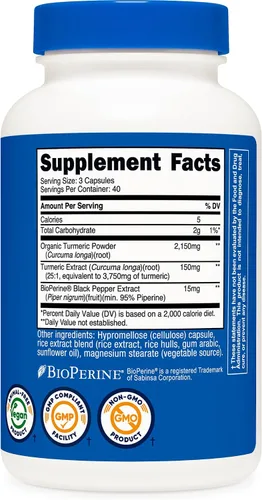 Miniatura 5 de Nutricost Turmeric (95% curcumioides) 0.017 onzas, 120 cápsulas con Bioperina, 1 botella, 1
