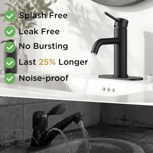 Miniatura 9 de FORIOUS - Grifos de baño negro mate de 1 agujero, grifo de lavabo de acero inoxidable con desagüe emergente de metal y manguera de suministro
