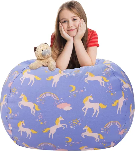 Miniatura 34 de Aubliss Puf de Almacenamiento de Animales de Peluche, Silla Puf de Unicornio, Stuff 'n Sit para Niños, Mediano 32" - Lona Unicornio Azul Azul