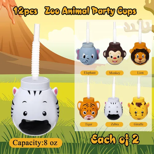 Miniatura 2 de Hoolerry 12 juegos de vasos de animales del zoológico con pajitas y tapas, 10 oz vasos de plástico reutilizables con temática de safari y animales