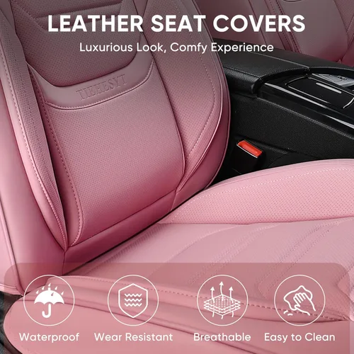 Miniatura 2 de TIEHESYT Fundas de asiento delantero de automóvil color rosa, par de fundas de cuero transpirable para asientos delanteros y reposacabezas, funda
