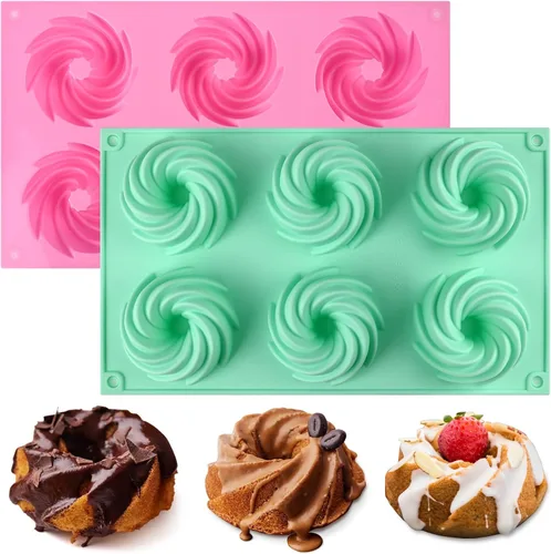 HUAKENER 2 piezas molde de pastel acanalado mini, molde de pastel acanalado de 6 cavidades, molde de silicona antiadherente para hornear para d 2