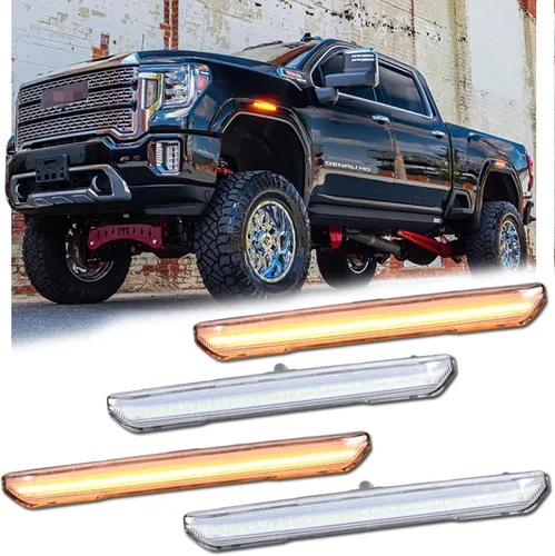 4 piezas de luz LED transparente para marcador lateral para Sierra 2500HD 3500HD 2020-2024, tira LED completa ámbar delantera y luz de parachoques