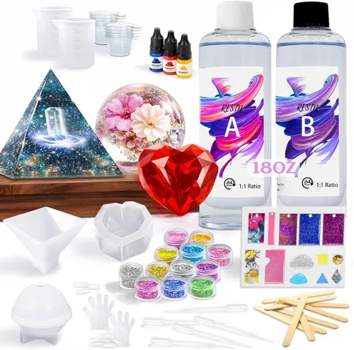 RNYBFPT Kit de resina epoxi para principiantes, resina transparente de 18 onzas con moldes de silicona, fácil mezcla 1:1, kit de arte de resina todo