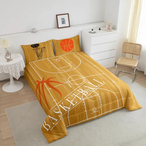 Miniatura 2 de Erosebridal Juego de ropa de cama de baloncesto tamaño individual para niños, juego de edredón deportivo para cancha de baloncesto, edredón marrón