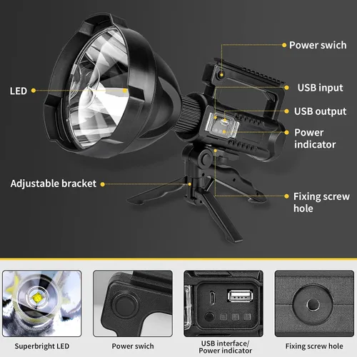 Miniatura 4 de Superbright - Linterna LED recargable de gran tamaño, 4 modos, de alta potencia, portátil, impermeable, reflector para camping, caza al aire libre
