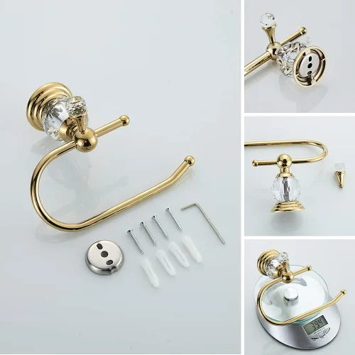 Miniatura 5 de WOLIBEER Accesorios de baño dorados, juego de barra de toalla de cristal de latón, soporte de papel higiénico, toalla, anillo, ganchos para bata, 4