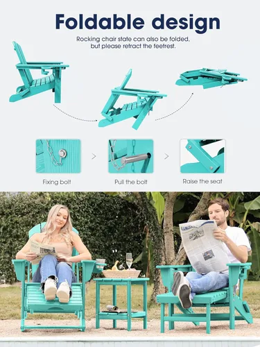 Miniatura 5 de Mecedora Adirondack de KINGYES con Otomana Retráctil y Portavasos, Silla Reclinable de Patio de HDPE Adirondack para Porche, Patio, Balcón, Azul Aqua