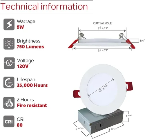 Miniatura 2 de Nadair Paquete de 6 luces LED empotrables ultra delgadas de 4 pulgadas, 9 W, 750 lúmenes, 5 CCT seleccionables en color (27K/ 3K / 35K / 4K / 5K)