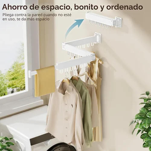 Miniatura 2 de JAUREE Tendedero para ropa montado en la pared, ahorro de espacio, plegable, plegable, retráctil, con 18 ganchos, interior/exterior, color blanco