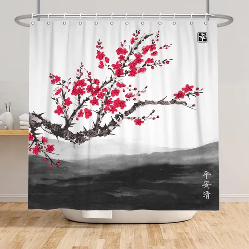 Miniatura 7 de Renaiss Cortina de ducha japonesa con flores de cerezo de 60 x 72 pulgadas, árboles de flores de ciruelo rojo, ramas de estilo chino, arte