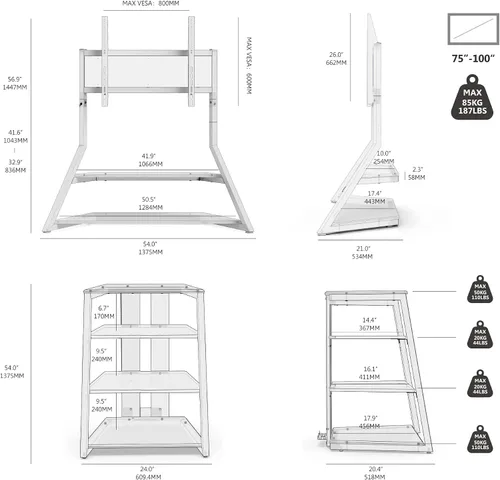 Miniatura 8 de FITUEYES Soporte esquinero de TV de diseño para TV de 75 a 100 pulgadas con gabinete multimedia AV de 4 niveles, soporte de TV de piso con estantes