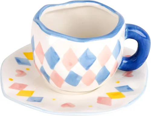 Miniatura 7 de Juego de taza de café y platillo de cerámica, cerámica hecha a mano de 10 onzas con patrón de nube blanca, pequeña taza de regalo para expreso, Azul