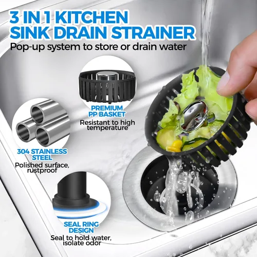 Miniatura 2 de zaa Colador de drenaje para fregadero, tapón 3 en 1 para fregadero de cocina, tapón de drenaje de cocina de acero inoxidable y cubierta con colador