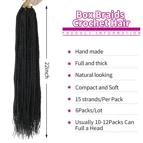Miniatura 2 de 6 paquetes de trenzas de ganchillo de caja, cabello sintético pre-anillado, trenzas de ganchillo de caja, trenzas de ganchillo de 22 pulgadas