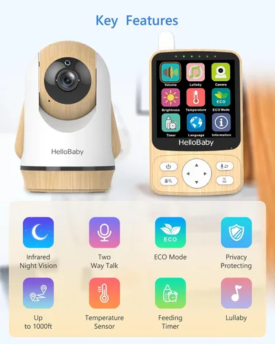 Miniatura 2 de HelloBaby Monitor de bebé de video IPS de 4 pulgadas con cámara, sin WiFi, batería de 26 horas, visión nocturna, audio de 2 vías, PTZ remoto