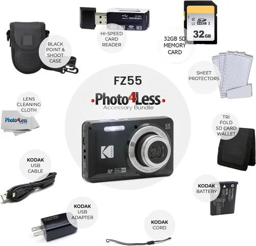 Miniatura 2 de Cámara digital Kodak PIXPRO FZ55 (negra) + Funda negra para cámara de punto y disparo + Tarjeta de memoria SD de 64 GB Transcend + Cartera