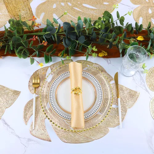 Miniatura 4 de Juego de 6 manteles individuales con hojas huecas para mesa de comedor, manteles de vinilo prensado para mesa de vacaciones, fiestas, bodas, centros