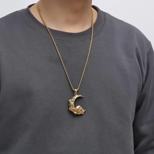 Miniatura 3 de HZMAN Collar con colgante de acero inoxidable con diseño gótico retro de luna creciente y cráneo, cadena de 22+2 pulgadas