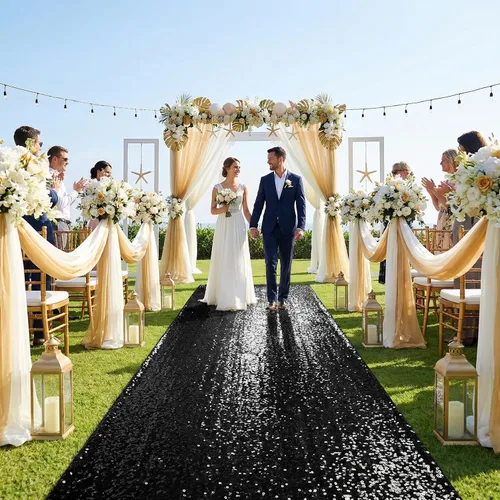 Miniatura 5 de Alfombra de pasillo de 2 x 15 pies para fiesta, alfombra de lentejuelas negras para decoración de baile de graduación, banquete brillante