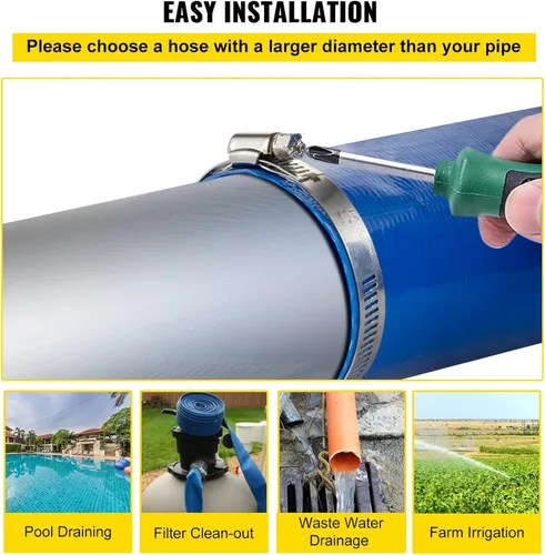 Miniatura 6 de Manguera de Descarga VEVOR, 3" x 105', Manguera de PVC Plana, Manguera de Retrolavado y Drenaje Resistente con Abrazaderas, Resistente a