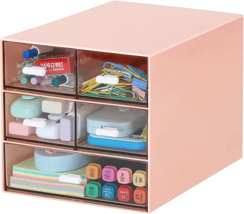 Miniatura 8 de Organizador de escritorio con 5 cajones, suministros de papelería de oficina rectangulares, cajones de escritorio, almacenamiento de maquillaje