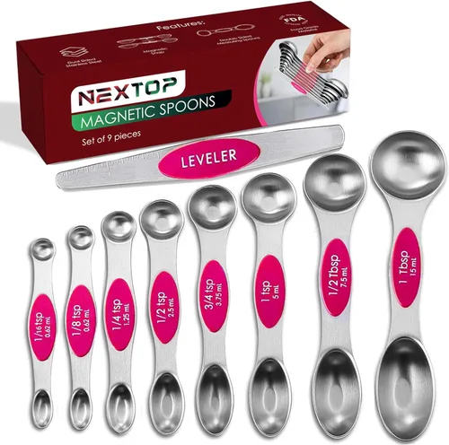 Miniatura 15 de Juego de 9 cucharas medidoras magnéticas de acero inoxidable, apilables, de doble cara, cucharas medidoras para medir ingredientes secos y líquidos
