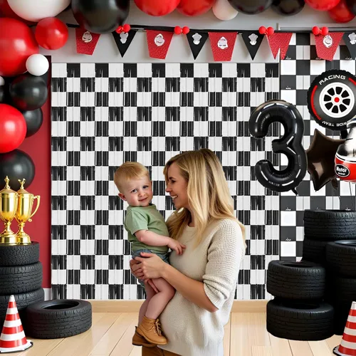 Miniatura 3 de Decoraciones de fiesta de cumpleaños de coche de carreras, paquete de 2 serpentinas de papel de aluminio negro y blanco, cortinas de flecos para un