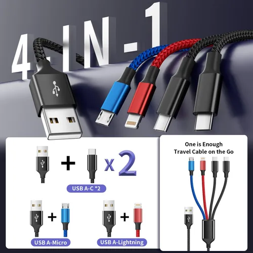 Miniatura 2 de Paquete de 2 cables de carga múltiple dual tipo C 4 en 1 de 6 pies para múltiples dispositivos con 2 puertos USB-C/IP/micro, cable USB de carga