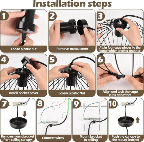 Miniatura 7 de GLOBOTECH Lámpara de araña industrial moderna de bola negra, lámpara colgante de jaula de metal, base E26 (sin bombilla), requiere montaje